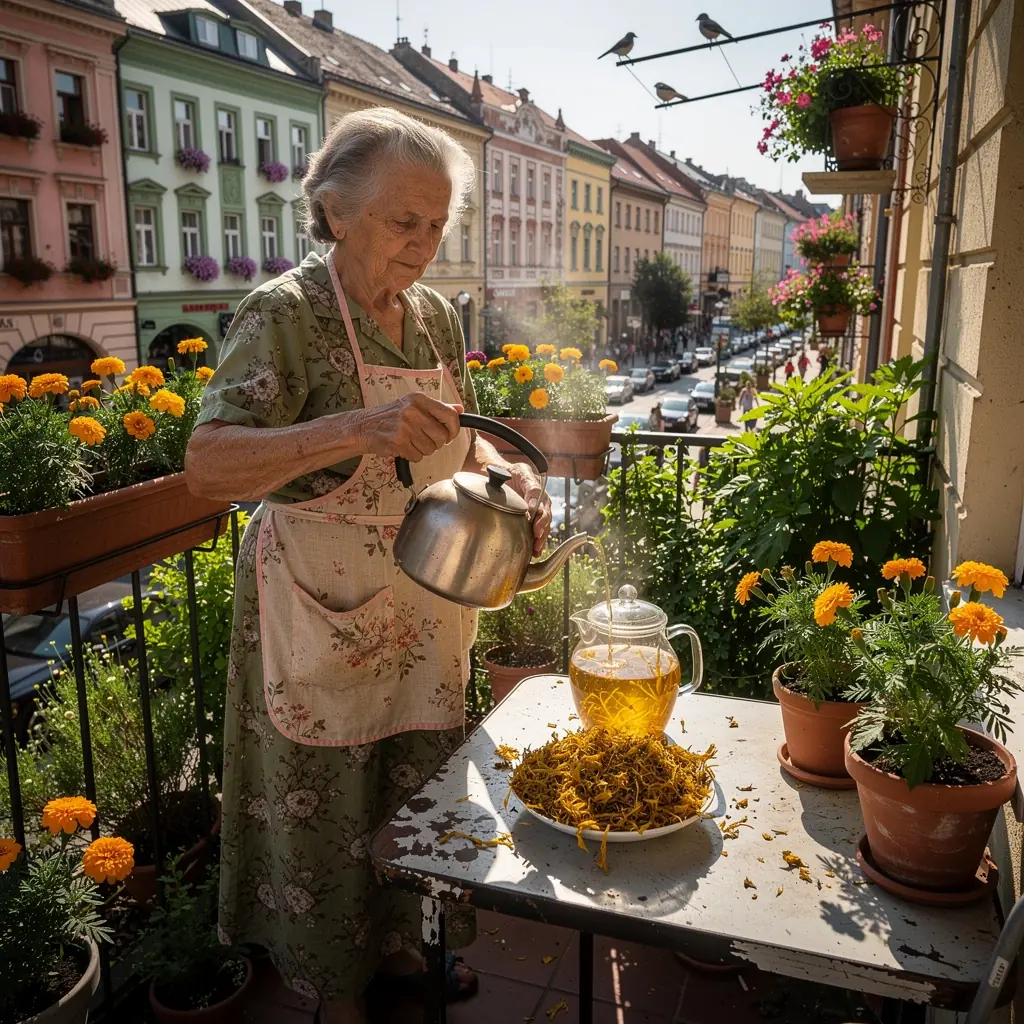 A teázás pillanata, amikor a körömvirág tea illata betölti a szobát.